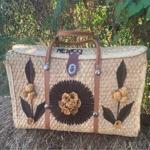 Large Woven Tote Wicker Rattan Vintage Leather Handwoven Mexican Tote Bag